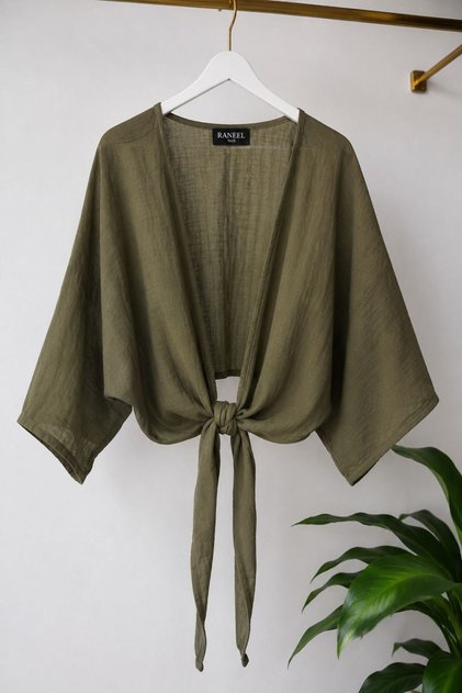 Khaki Muslin Fabric V-Neck Off-Shoulder Wide Sleeve Tie-Detail Bolero Form Blouse