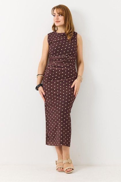 Brown Polka Dot Tulle Fabric Sleeveless Crew Neck Draped Detailed Casual Cut Dress