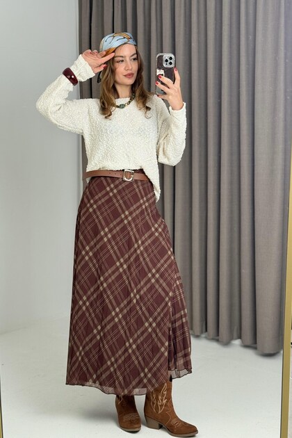 Brown Plaid Patterned Lined Pleated Long Skirt with Elastic Waist and Adjustable Detail