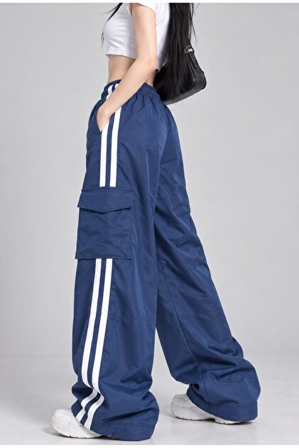 Y2k Lacivert 3 Çizgi Detaylı Baggy Paraşüt Pantalon