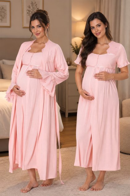 Cotton Short Sleeve Maternity Nightgown Set with Nursing Features Effortt - Powder