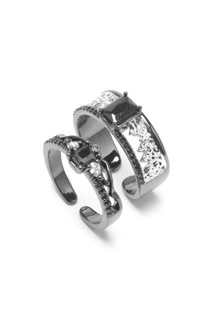 2pcs-set 2Pcs Love and Deep Space Sylus Game Ring Black Rhinestone Alloy Couple Rings Adjustable Jew