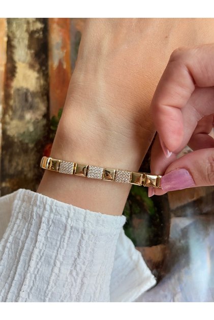 Gold Kare Taşlı Şerit Bileklik