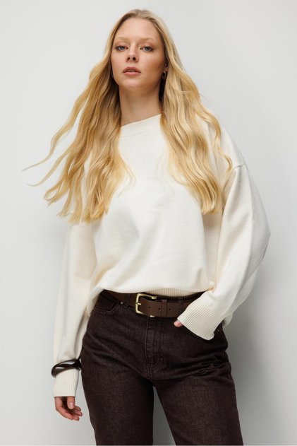 7021 Women's Crew Neck Oversize Basic Premium Knitwear Sweater Natural