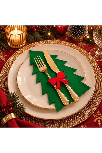 Green 6 Pieces Decorative Pine Tree Napkin Holder Felt Spoon Holder Felt Christmas Ornament