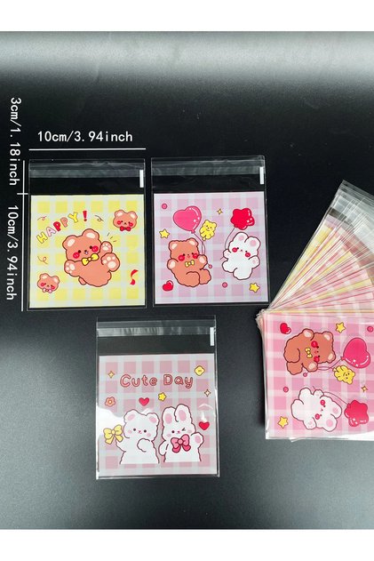 10x10cm Other Pink 100pcs Cute Little Bear And Bunny Printed Self-sealing Bag Transparent Cute Littl
