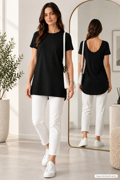 Back Low-Cut Comfortable Viscose Tunic-Black