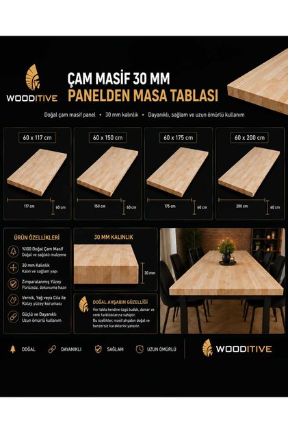 Masa Tablası Arayanlara Masif Ahşap Çam Panel Vernikli 30 mm Kalınlık 60 x 117