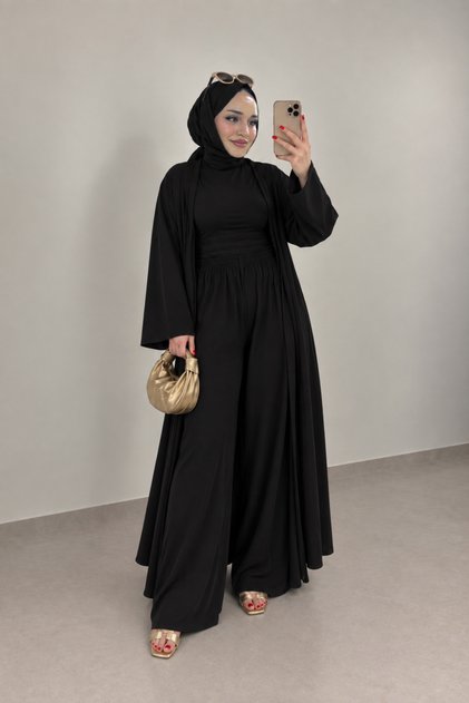 Sandy kumaş üçlü abaya takım siyah renk