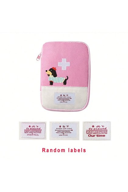 Pink 1Pc Cartoon Dachshund Print Compact Travel Medicine Organizer Family Medicine Bag Portable Firs