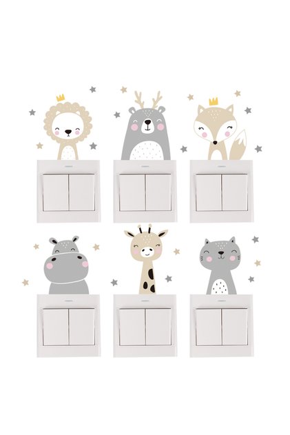 6pcs set 6pcs/set Boho Color Cute Smile Cartoon Animals Switch Stickers for Wall Kids Room Baby Nurs
