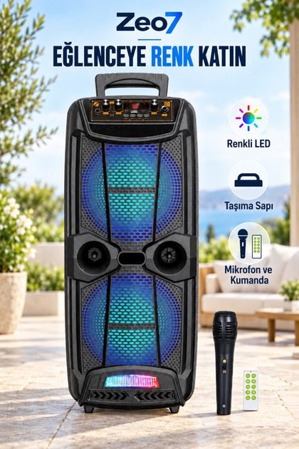Çift 8 İnç 20W Bluetooth Karaoke Hoparlör, USB/TF/AUX/FM, TWS, Kablolu Mikrofon, 2400mAh Taşınabilir Ses Sistemi