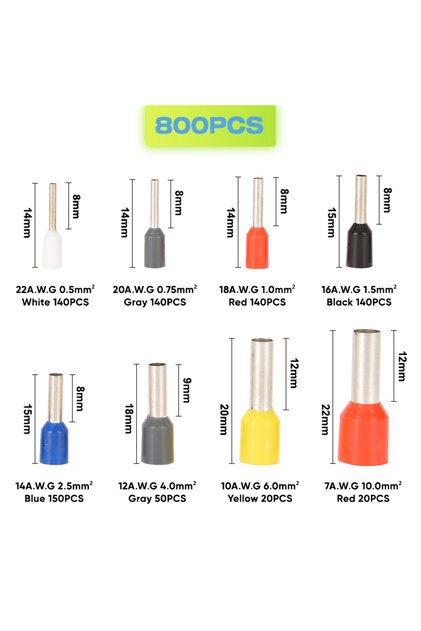 VE 800PCS KIT 22-7AWG 800/1200/1800/1900PCS Boxed Insulated Ferrules Sleeves Terminal Wire Connector