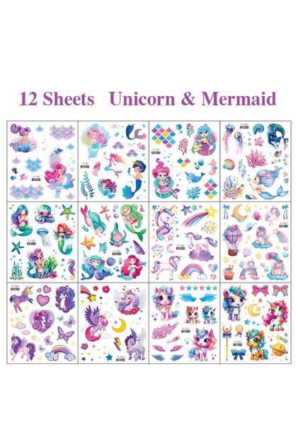 12 Sheets 12 Sheets Glitter Unicorn Mermaid Temporary Tattoo Stickers Cartoon Rainbow Horse Tattoos