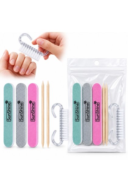 SunShine Complete Manicure Set with 3 Mini Nail Files, 2 Dual-Ended Wooden Cuticle Sticks and Nail Cleaning Brush | 6-Piece Nail Care Kit