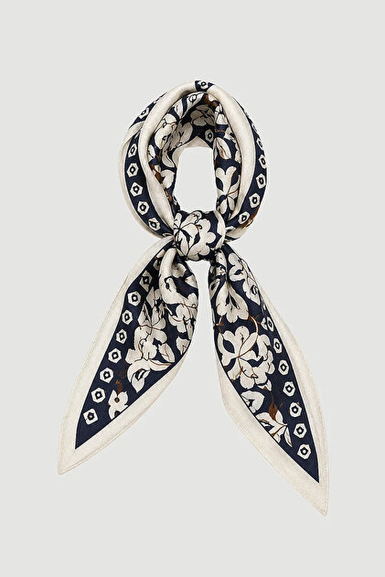 Floral and Shawl Patterned Cotton Scarf - Navy Blue