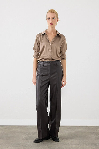 Ribbed Stitched Wide Leg Leather Trousers - Brown