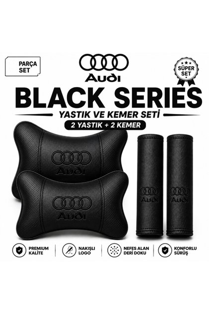 Audi Black Serisi 4 Parça Oto Boyun Yastığı ve Emniyet Kemer Pedi Seti – 2 Yastık + 2 Kemer Pedi, Siyah Nakışlı