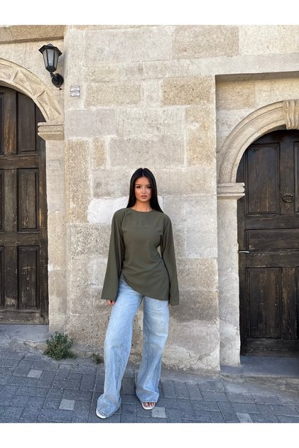Kadın Haki Oversize V Kesim Rahat Tunik