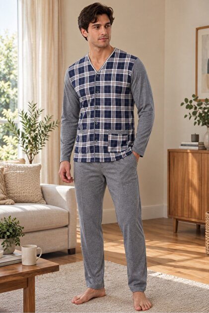 Men's plaid front button-down solid gray pajama set 8218