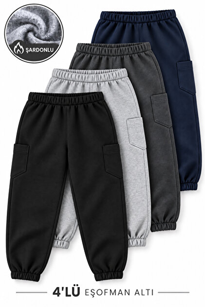 İçi Şardonlu Beli Ve Paçası Lastikli Unisex 4'lü Paket Antrasit-Gri-Lacivert-Siyah Çocuk Eşofman Altı