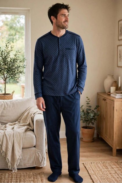 Men's small square lapel navy blue pajama set 8220