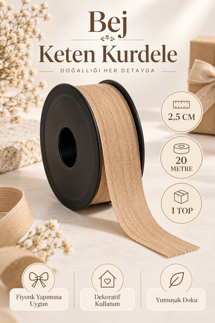 Beige Linen Ribbon 2.5 cm – 1 Roll 20 Meters – Decorative Bow, Gift Wrapping, Decoration, and Textile Accessory Ribbon