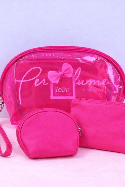Pembe Renk 3'lü Şeffaf Makyaj Çantası