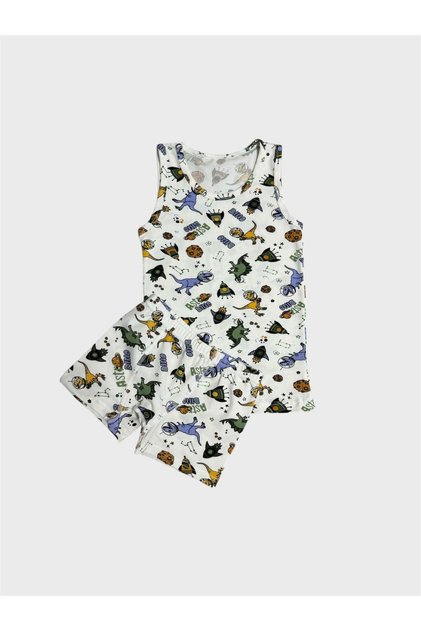 Boy's Cotton White Dinosaur Patterned Undershirt Boxer Set