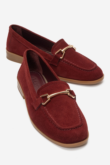 Genuine Leather Burgundy Suede Women's Buckle Detailed Ballerinas Andy Wine