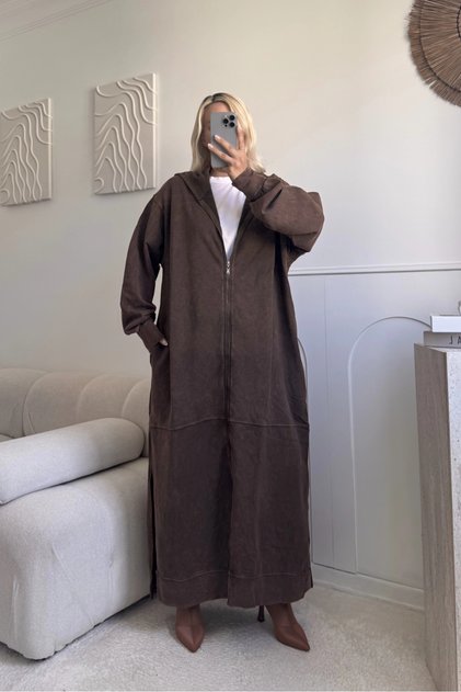 Kahve Fermuarlı tam boy kapüşonlu %100 Pamuk oversize standart beden 38/48 uyumlu hırka
