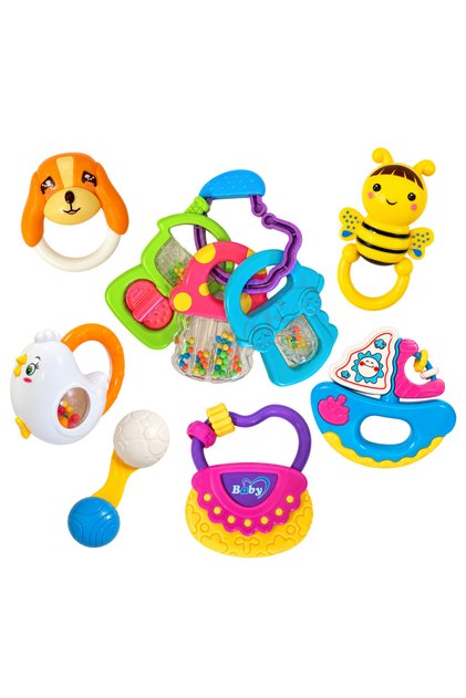 Set jucarii zornaitoare dragalase cu forme inovatoare, multicolore, 7 buc, + 3 luni