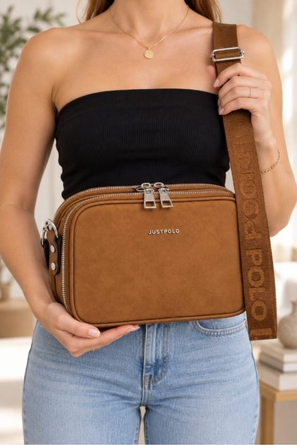 Nubuck Women's Hand and Shoulder Bag with Multiple Compartments, Zipper, Cross Strap, Suede Look, Tan