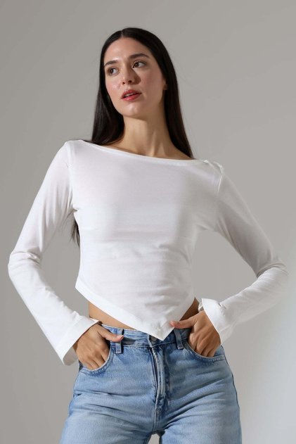 Women's Boat Neck Spanish Sleeve Asymmetrical Front Blouse 22275