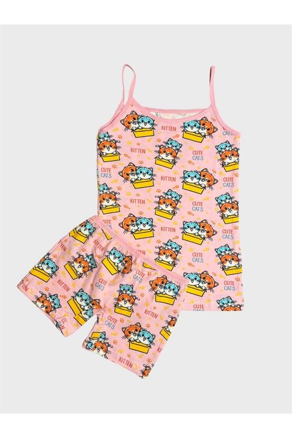 Girl's Cotton Pink Cat Patterned Athlete Boxer Set