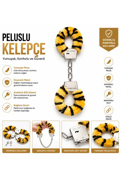 Parti Aksesuarı Sarı Siyah Peluş Tüylü Anahtarlı Metal Kelepçe Kostüm Aksesuarı