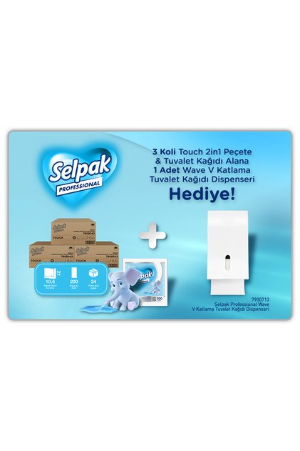 Professional Touch 2in1 Peçete & Tuvalet Kağıdı 200'lü x 3 Koli + Wave V Katlama Dispenseri Hediyeli