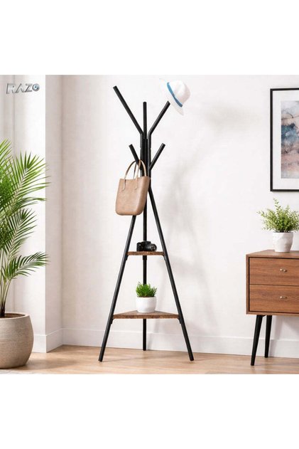 Suport de haine din oțel carbon și lemn — design modern, 9 cârlige, raft pentru accesorii, 180×45 cm
