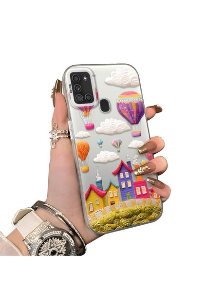 Samsung Galaxy A21S Compatible Silicone Edge Hard Back Case Balloon Patterned Lover Couple Phone Case