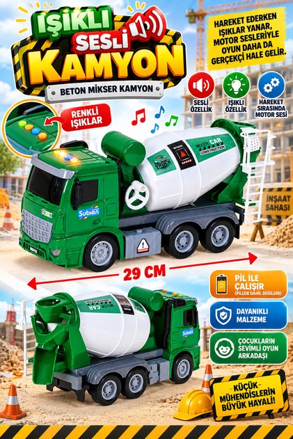 29 cm Işıklı Sesli Beton Mikser Kamyon – Pilli Oyuncak İş Makinesi