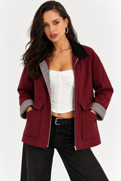 Women's Burgundy Zippered Jacket with Plaid Detail and Black Collar Oversized Casual Jacket