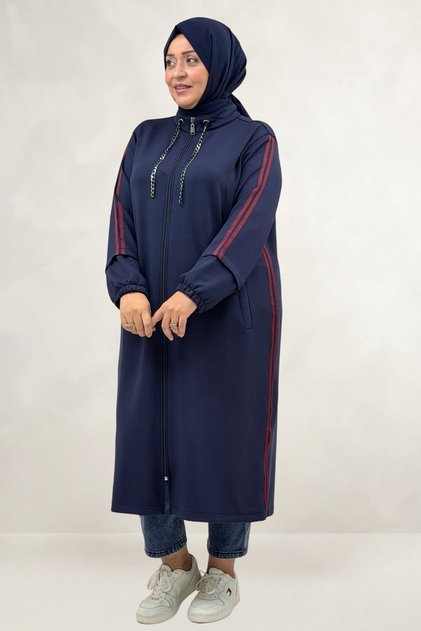 63023 Large Size Modal Cap with Ribbed and Chain Cord - Navy Blue