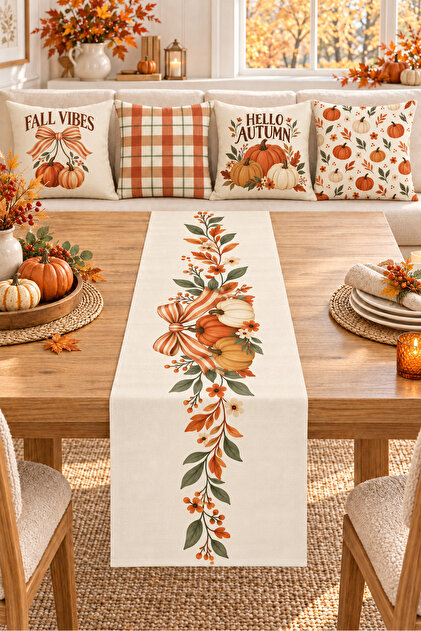 Orange Cream Fall Vibes Written Pumpkin 4 Throw Pillow Covers 1 Runner 5 Piece Set