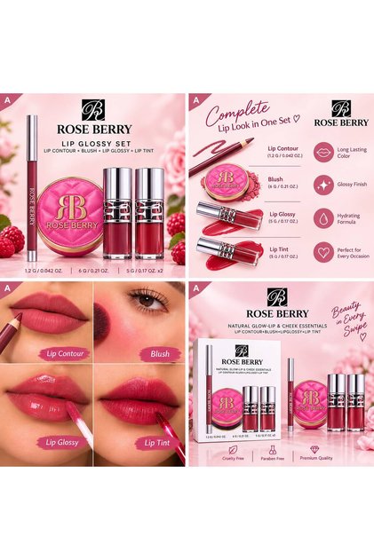 Natural Glow Lip & Cheek Essentials – Lip Contour, Blush, Lip Gloss & Lip Tint 4-Piece Set A