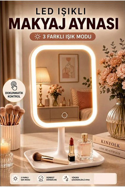 Led Işıklı Makyaj Aynası 3 Renk Işık Dokunmatik Ayarlanabilir Dikdörtgen Masa Üstü Makyaj Aynası