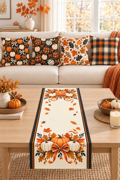 Orange Black Plaid Pumpkin Floral Pattern 4 Throw Pillow Covers 1 Runner 5 Piece Set
