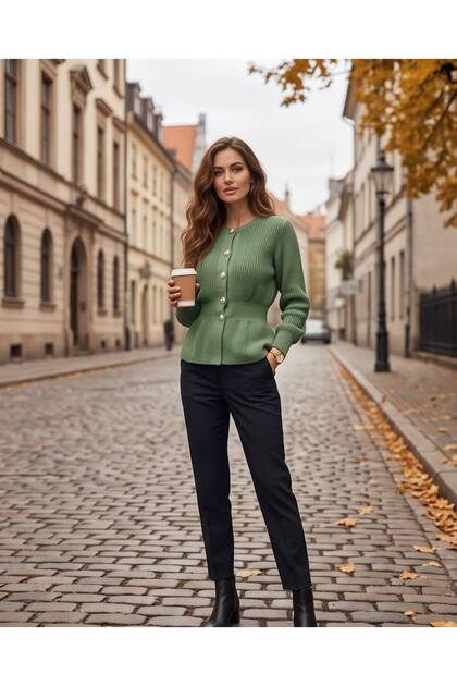 Buttoned Knitwear Cardigan with Waist Detail