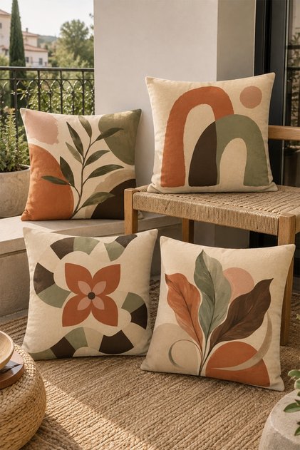 Cream Floor Leaves Patterned 4-Piece Throw Pillow Cover Set