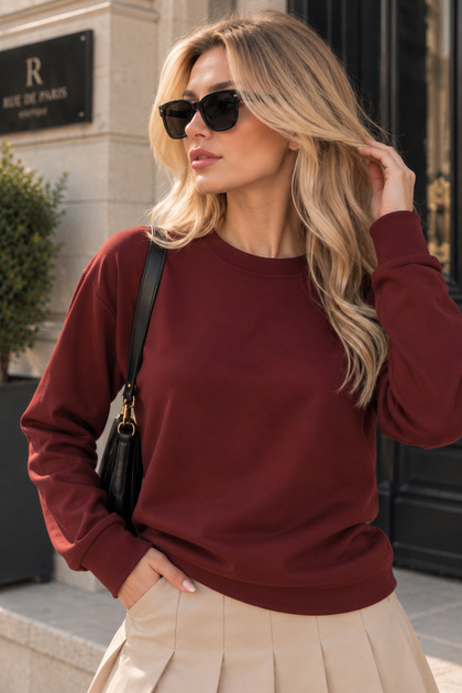 Kadın Bordo Sweat Modal Kumaş Oversize Basic Bisiklet Yaka Sweatshirt