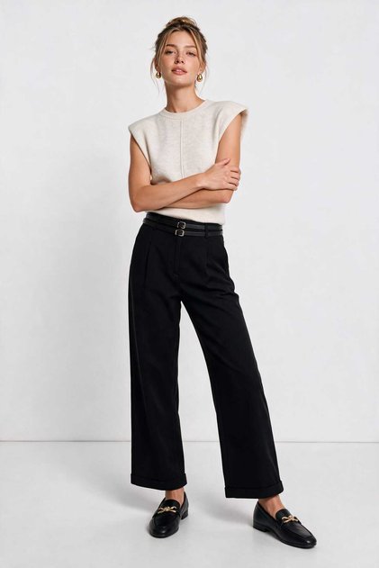 Double Belted Woven Palazzo Trousers Lby0081 Black